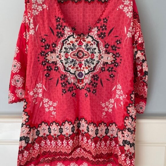 Johnny Was Cotton Embroidered Medallion Floral Tunic Watermelon XL - Picture 2 of 7